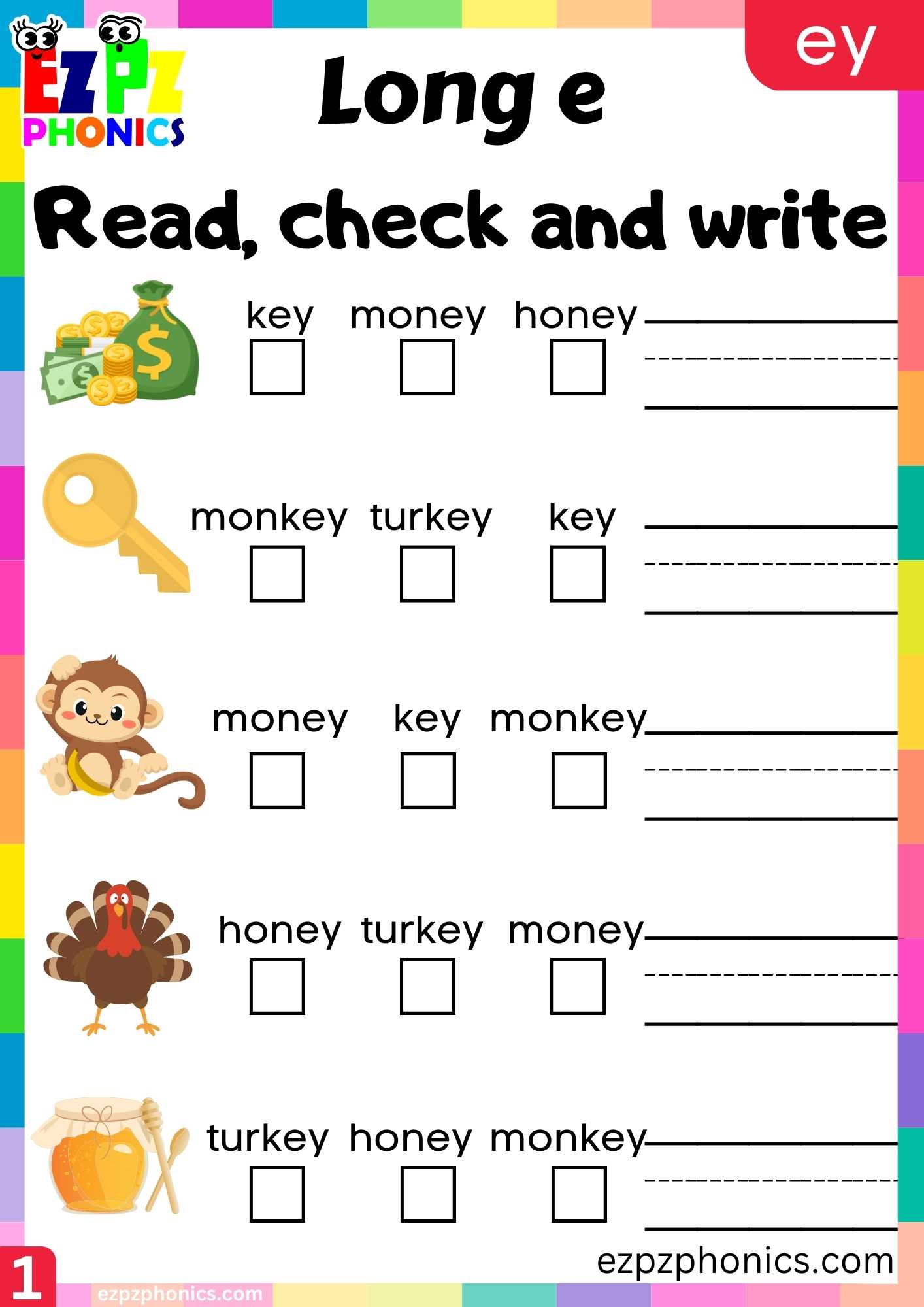 Ey Words Read Check And Write Long E Phonics Worksheet